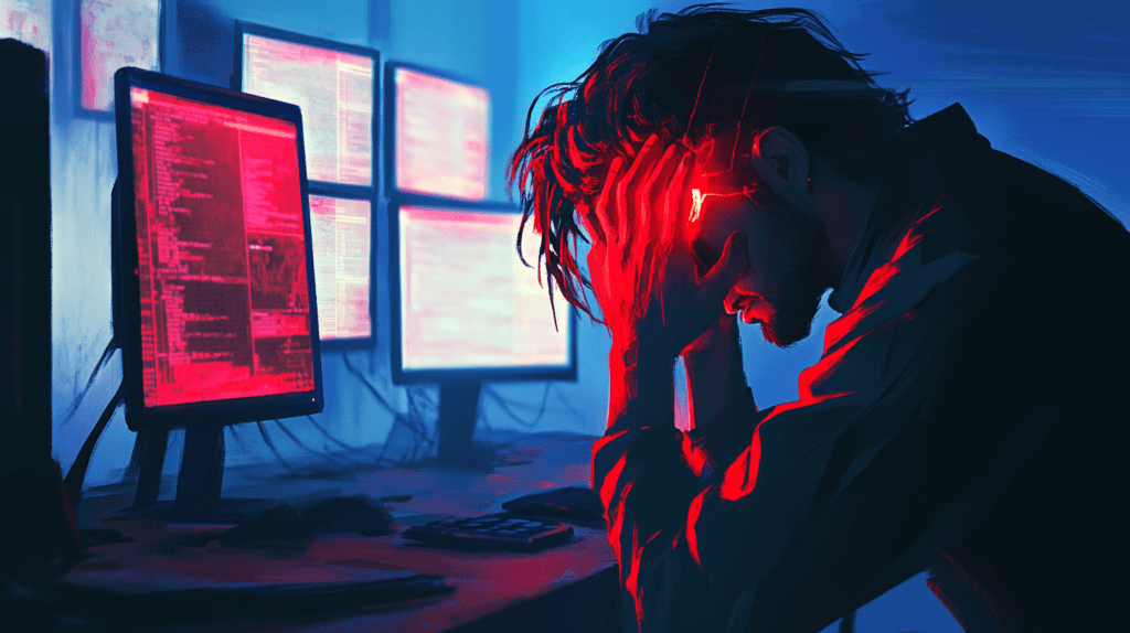 Person experiencing eye strain and discomfort while working at computer screens
